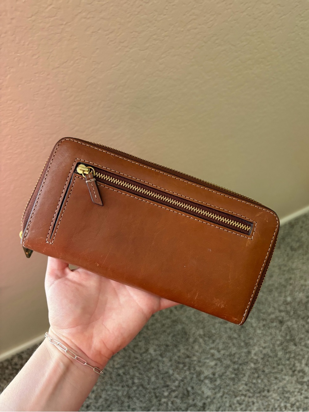 Fossil Cognac Brown Leather Zip-Around Wallet